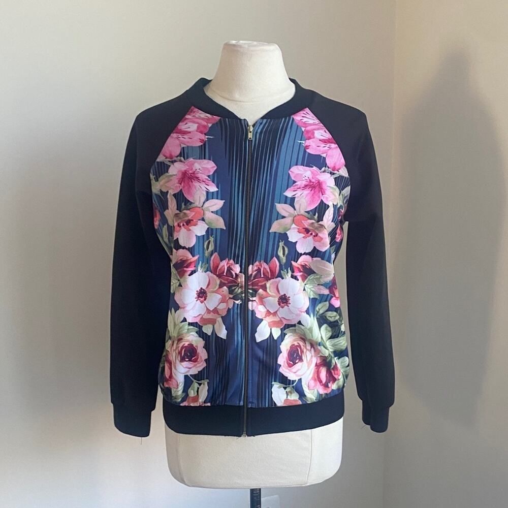 Bomber Jacket Womens Sz Large Pink Black Blue Floral Print Full Zip